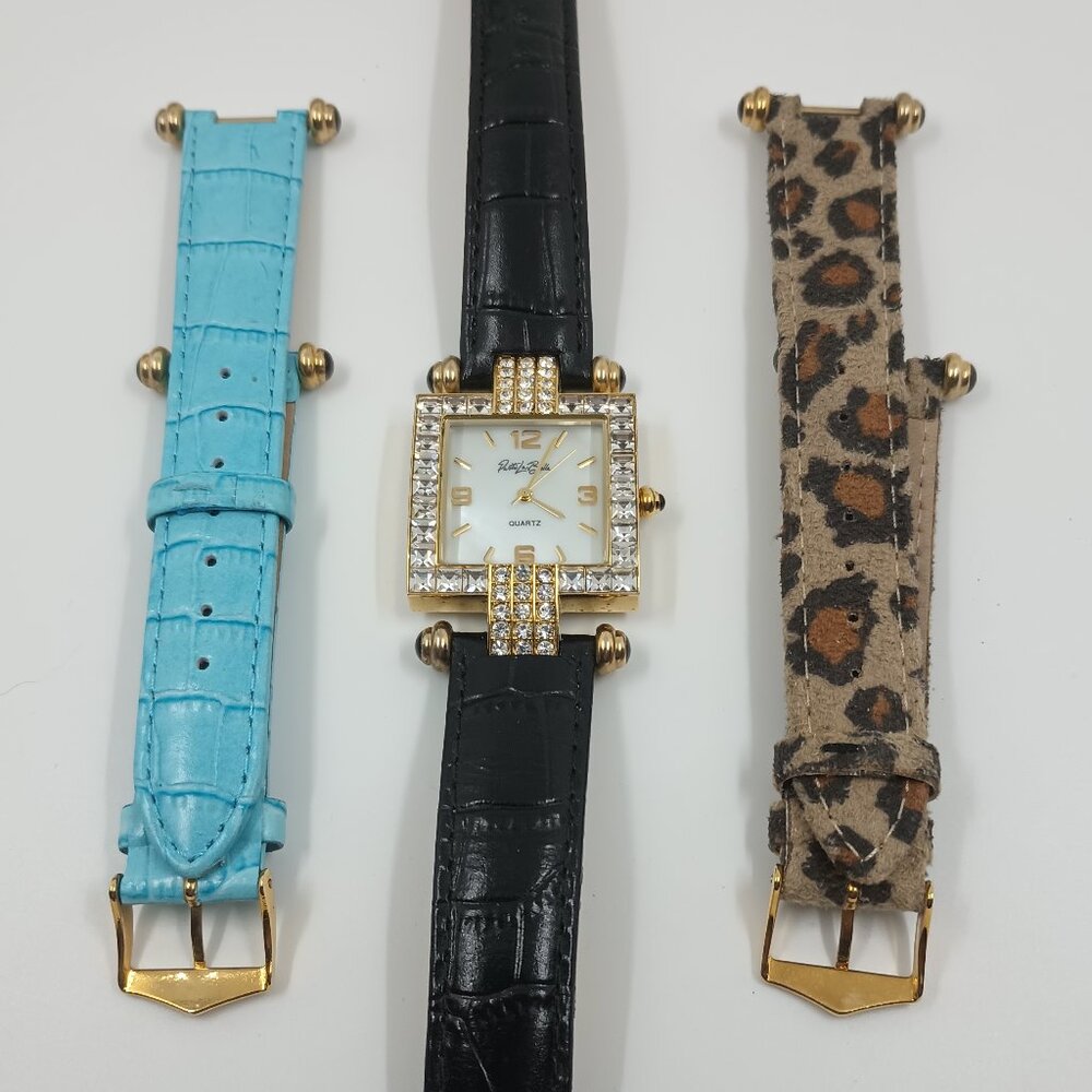 Patti LaBelle Square CZ Dial Watch with Gold Tone Bezel With 2 Additional Bands